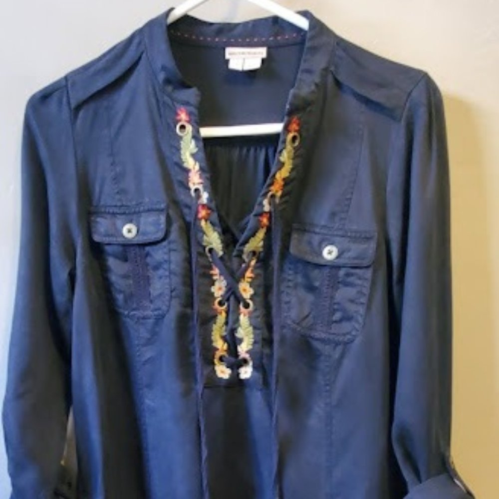 Anthropologie Holding Horses black with embroidered flowers shirt dress